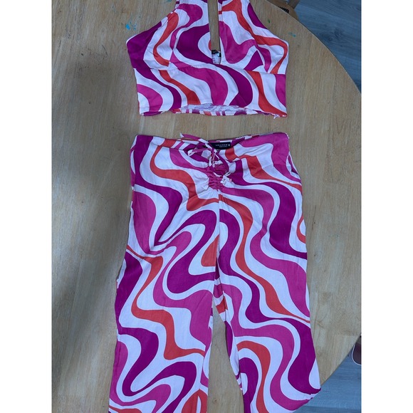 Zara Pants - Zara Pink Orange Psychedelic Swirl Halter Top & Wide Leg Pants Set M Disco Retro